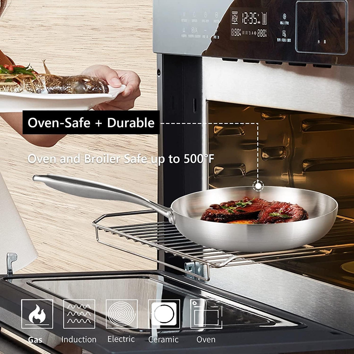 LOLYKITCH 8 Inch Tri-ply Stainless Steel Frying Pan with Lid,Small Skillet,Induction Cooking Pan,Dishwasher and Oven Safe,Riveted Handle.