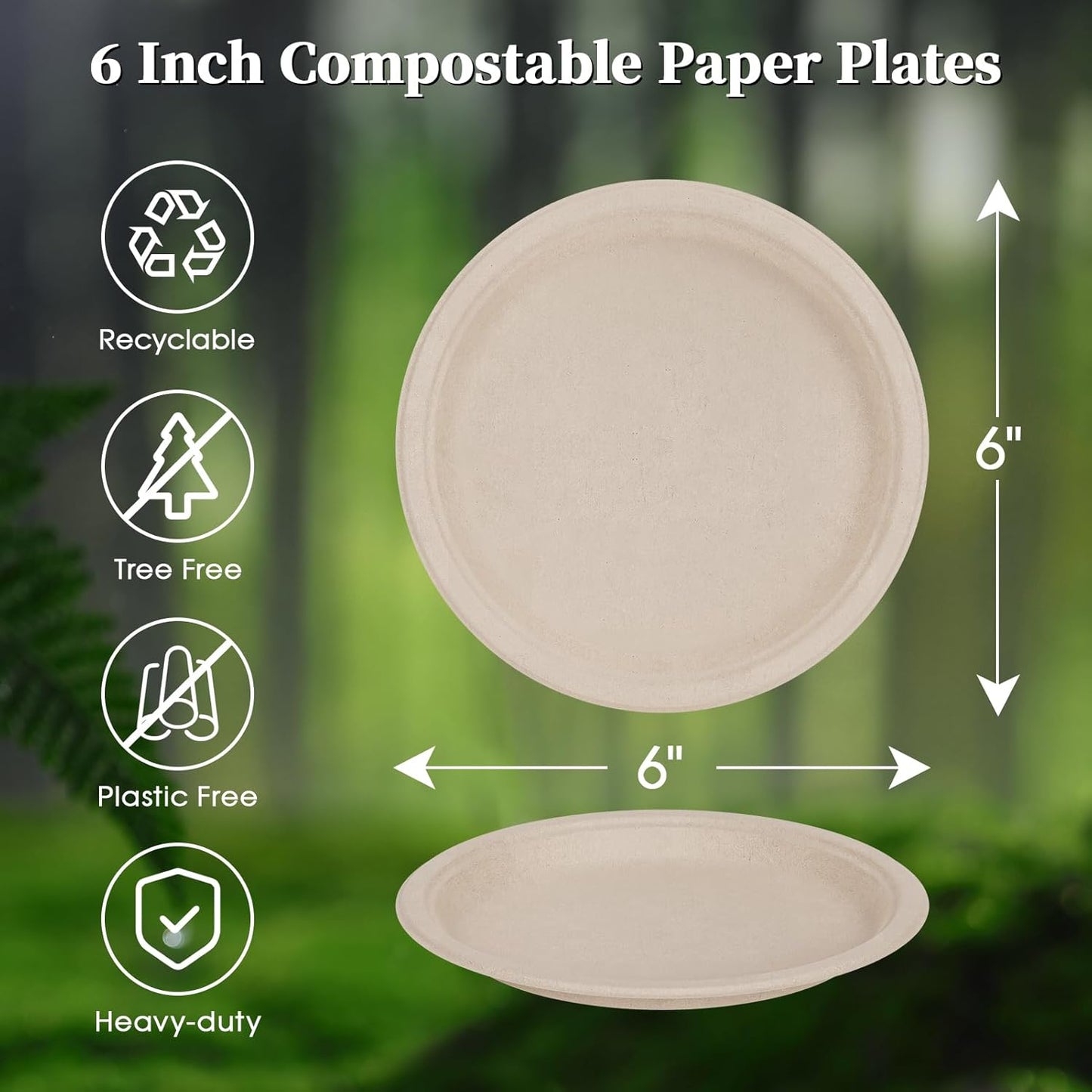 ECOLipak 6 Inch Disposable Compostable Small Paper Plates, 500 Pack Recycled Sugarcane Bagasse Biodegradable Heavy Duty Mini Dinner Appetizer Cake Dessert Plates for Party(Nature)