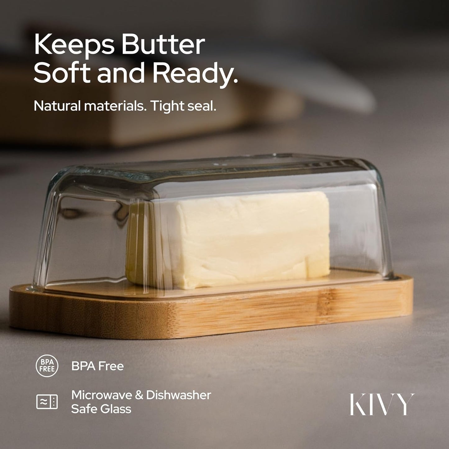 KIVY Glass butter dish with airtight lid that keeps butter soft - For countertop and refrigerator door shelf - Butter tray with lid fridge - Butter holder for counter - Covered butter dishes