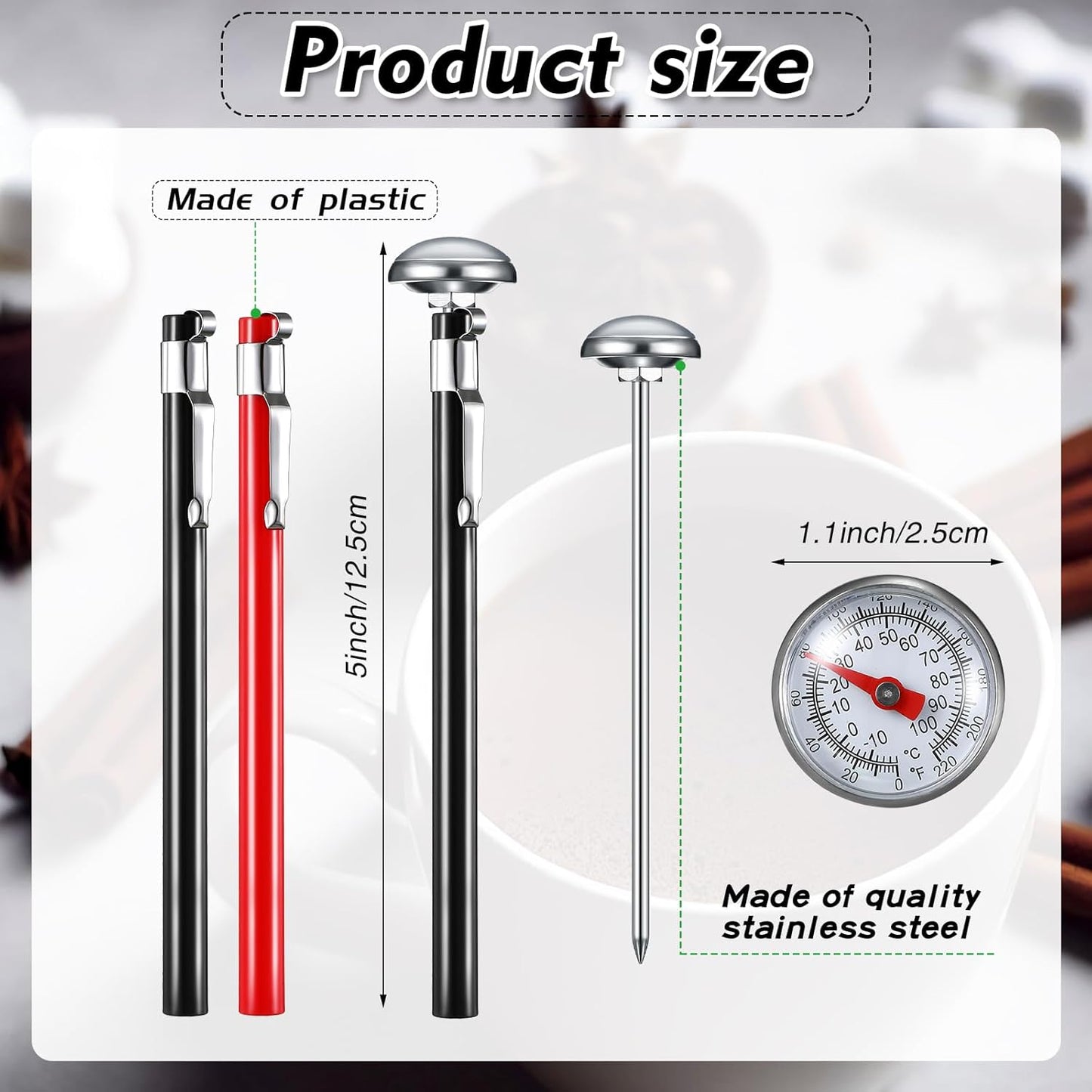 Xuhal 6 Pcs Stainless Steel Kitchen Thermometer with 5 Inch Long Stem 1 Inch Dial Thermometer Milk Frothing Food for Oven Probe Meat Grill BBQ Cooking Chocolate Water(Black, Red)