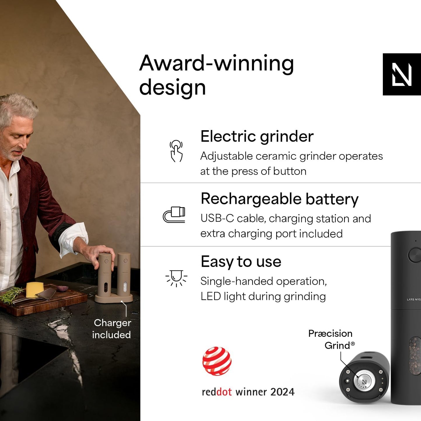 LARS NYSØM Electric Salt and Pepper Grinder Set, USB Rechargeable, Automatic Salt and Pepper Mills, Spice Shakers Refillable with LED Light, Adjustable Coarseness, Ceramic Grinder (Carbon Black)