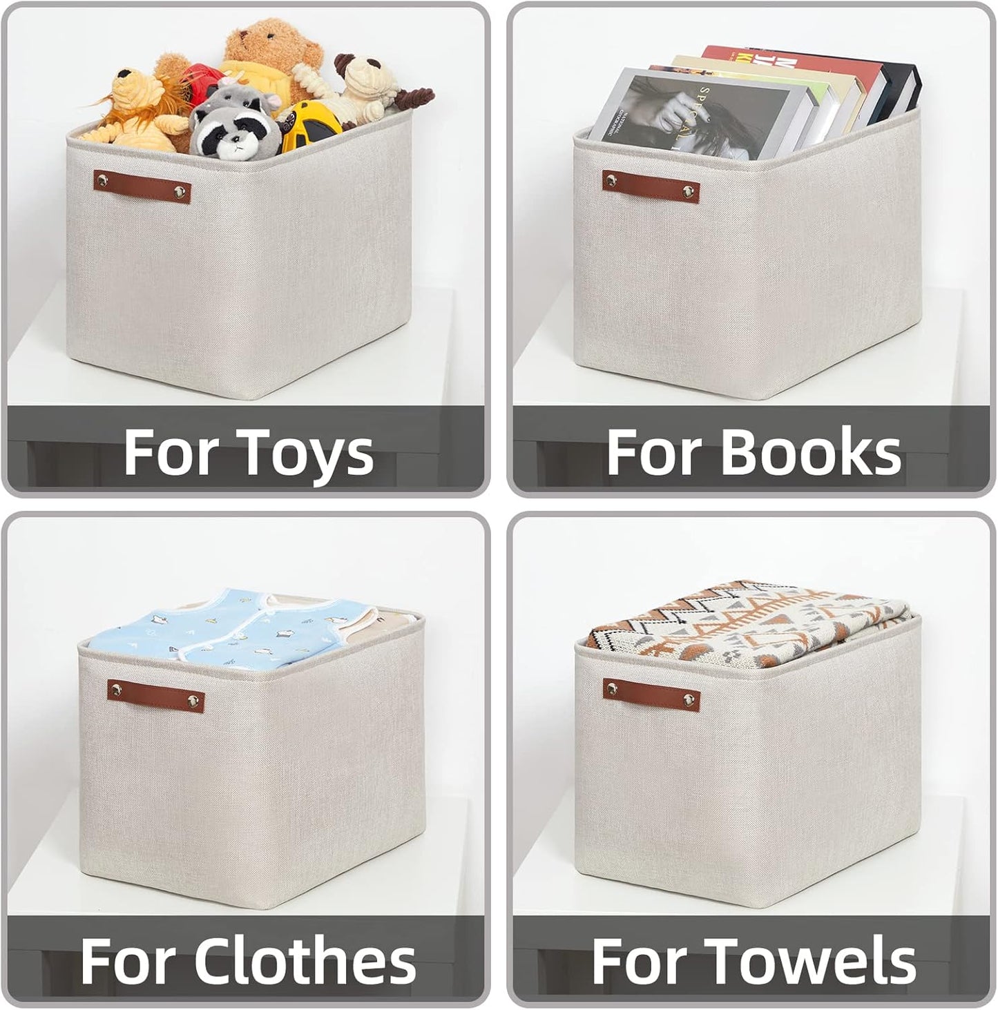 HNZIGE Large Canvas Baskets 16"×11.8"×11.8" Decorative Storage Bins with Leather Handles (2 Pack) Collapsible Rectangle Storage Baskets for Organizing Clothes, Toy, Books, Sundries, Tools(Cream)