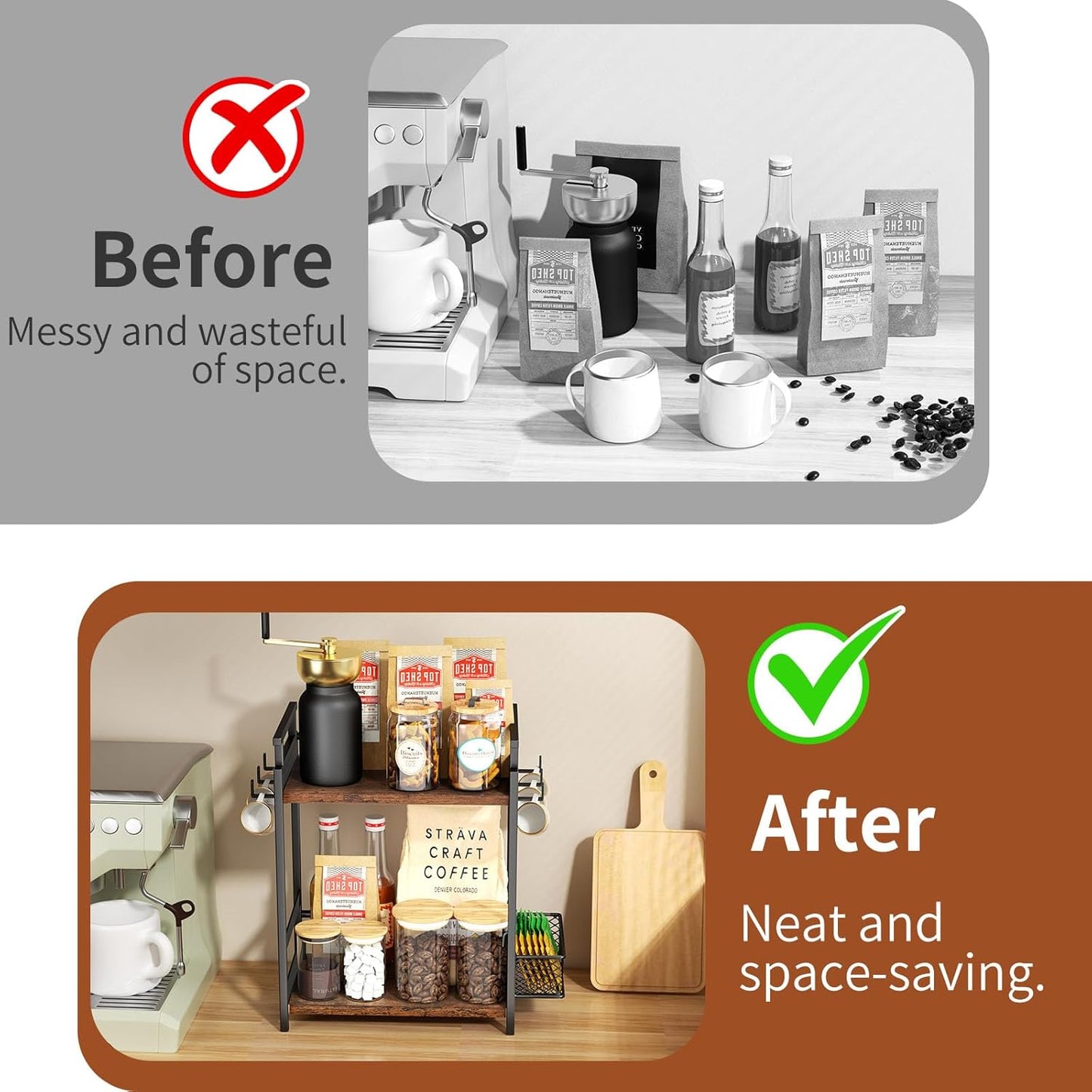 KLM 2 Tier Coffee Bar Organizer for Home Office, Spice Rack for Countertop, Kitchen Counter Storage Shelf with Hanging Basket, Coffee and Tea Condiment Station Organizer