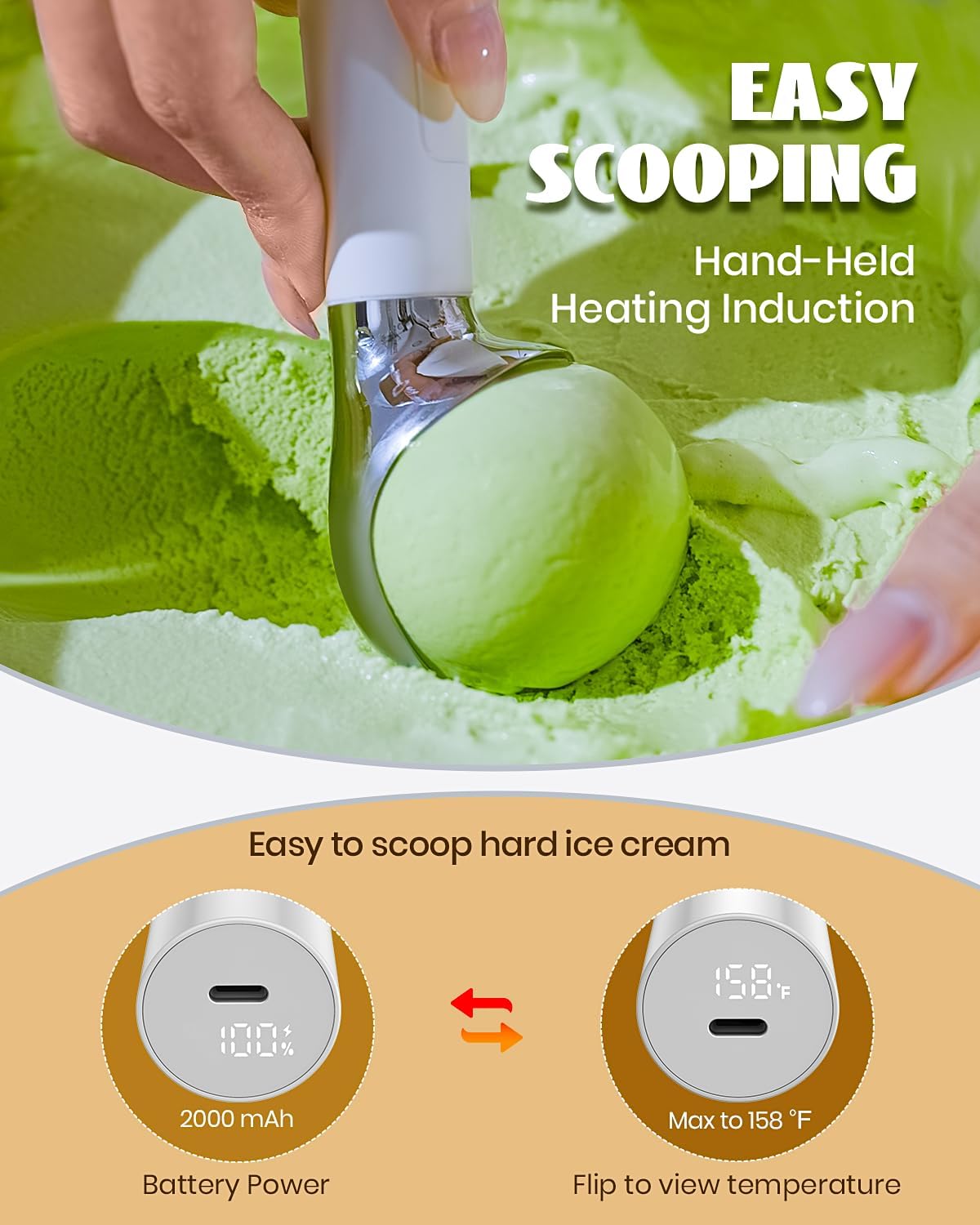 Heated Ice Cream Scoop, Electric heated ice cream scoop that heats up to 158°F for hard ice cream, Easy to use with LED display, IP67 Waterproof Ice Cream Scoop,Easy to clean