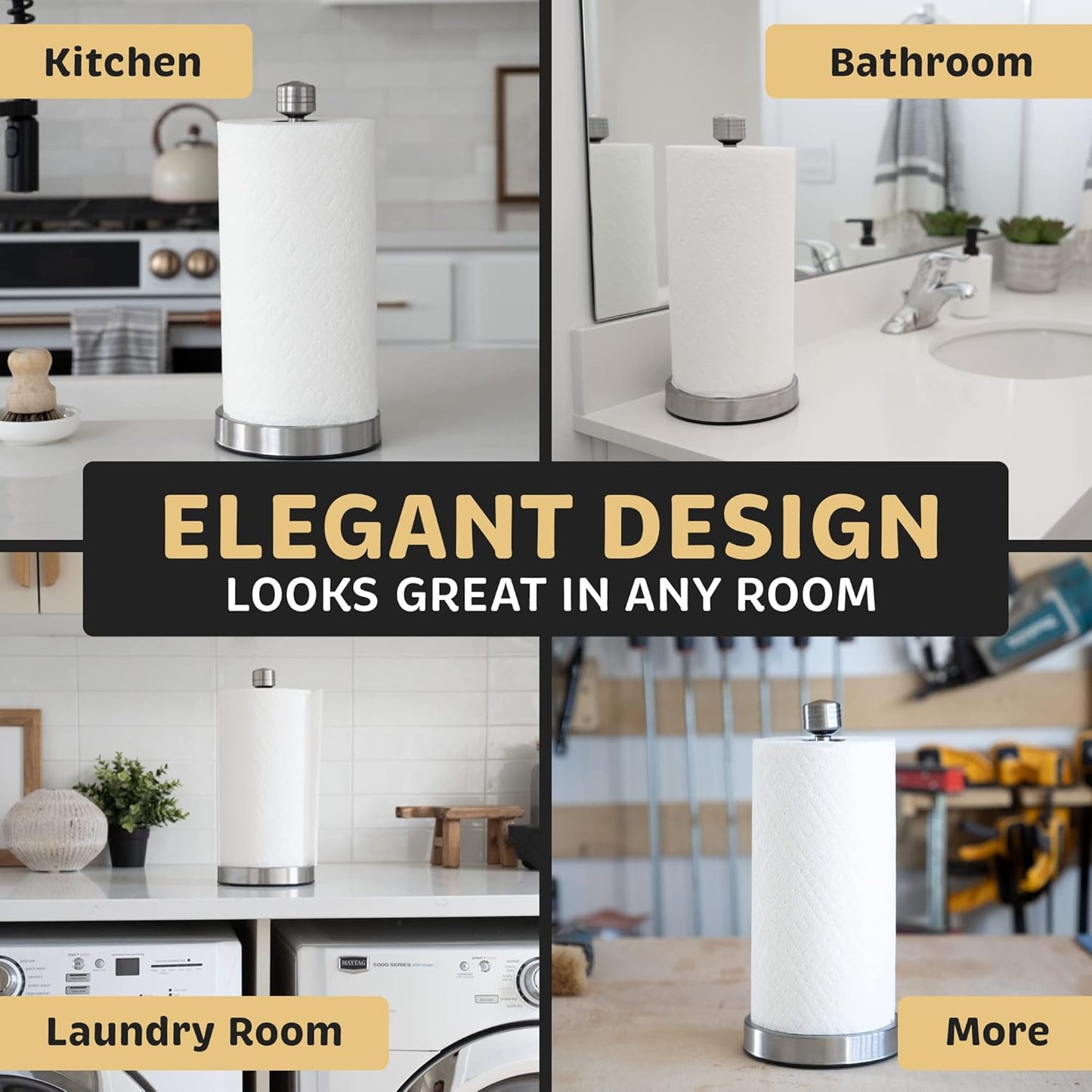 Stainless Steel Paper Towel Holder Designed for Easy One-Handed Operation - This Sturdy Weighted Paper Towel Dispenser Countertop Model Has Suction Cups and Holds All Paper Towel Rolls