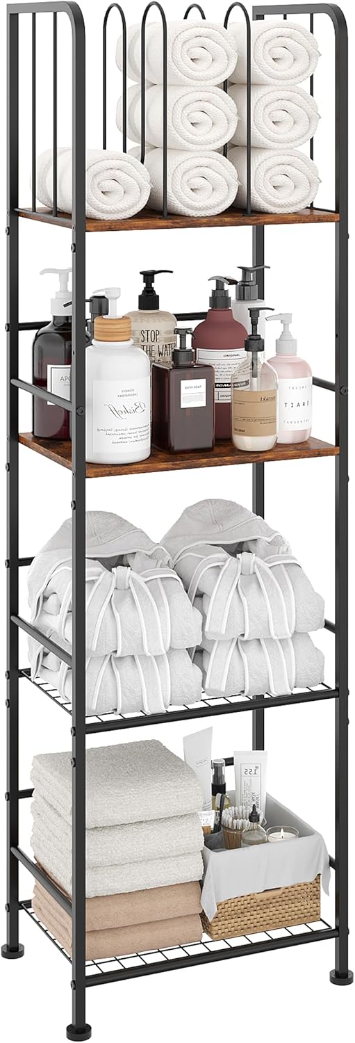 Towel Rack Free Standing 4-Tier M-Shaped Detachable Dividers, Durable Metal Towel Holder, Pool Items Holder, Space-Saving Storage Organizer, Modern Bath Towel Shelf for Bathroom Patent Pending