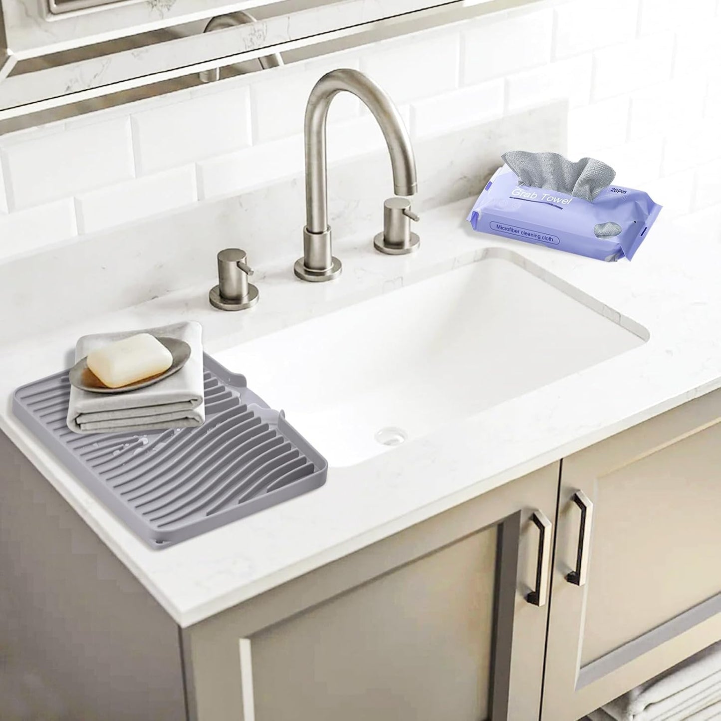 Silicone Dish Drying Mat, Stone Drying Mat for Kitchen Counter with Built-in Drain, Non-Slip 15.8" X 13" Drying Matt Kitchen Counter and Grey Microfiber Cleaning Cloth, Cleaning Rags Set(Grey)