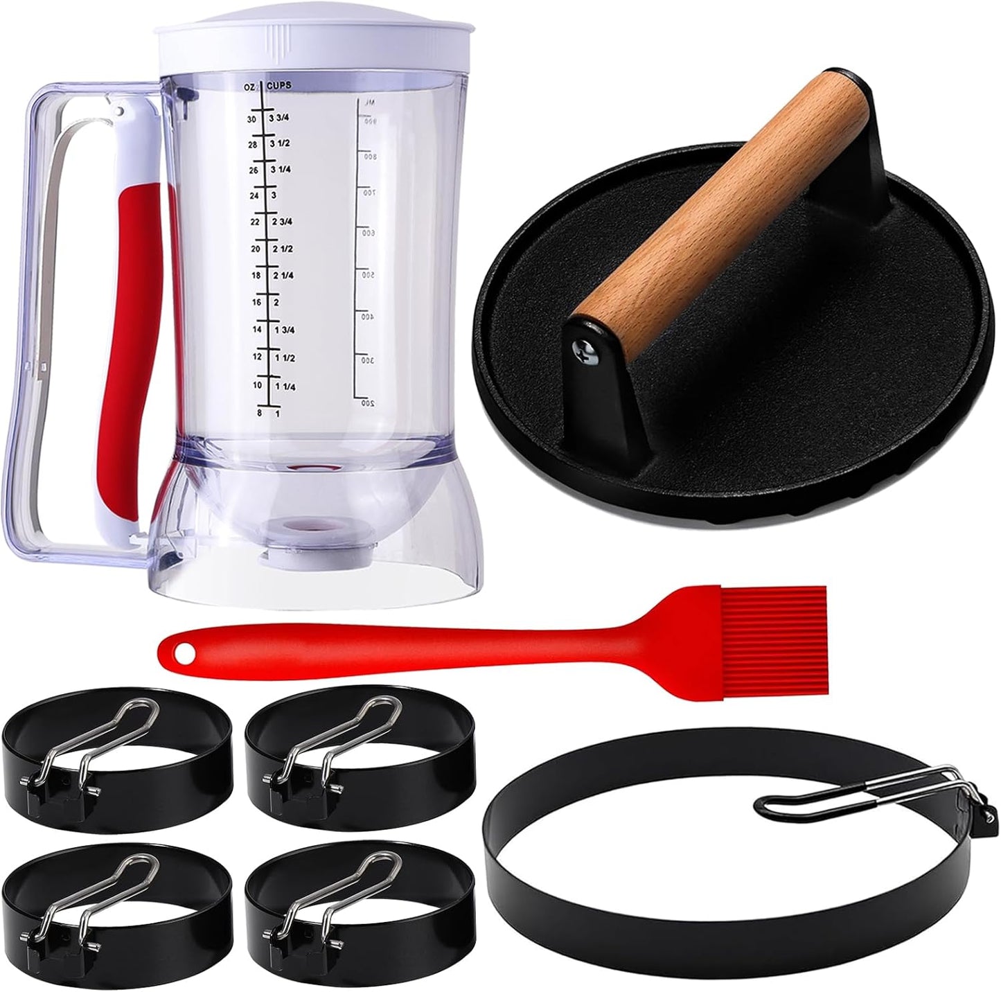 8-Piece Griddle Breakfast Kit for Blackstone - Complete Set of Griddle Accessories,Pancake Batter Dispenser, Bacon Press,Egg Rings and Basting Brush Included