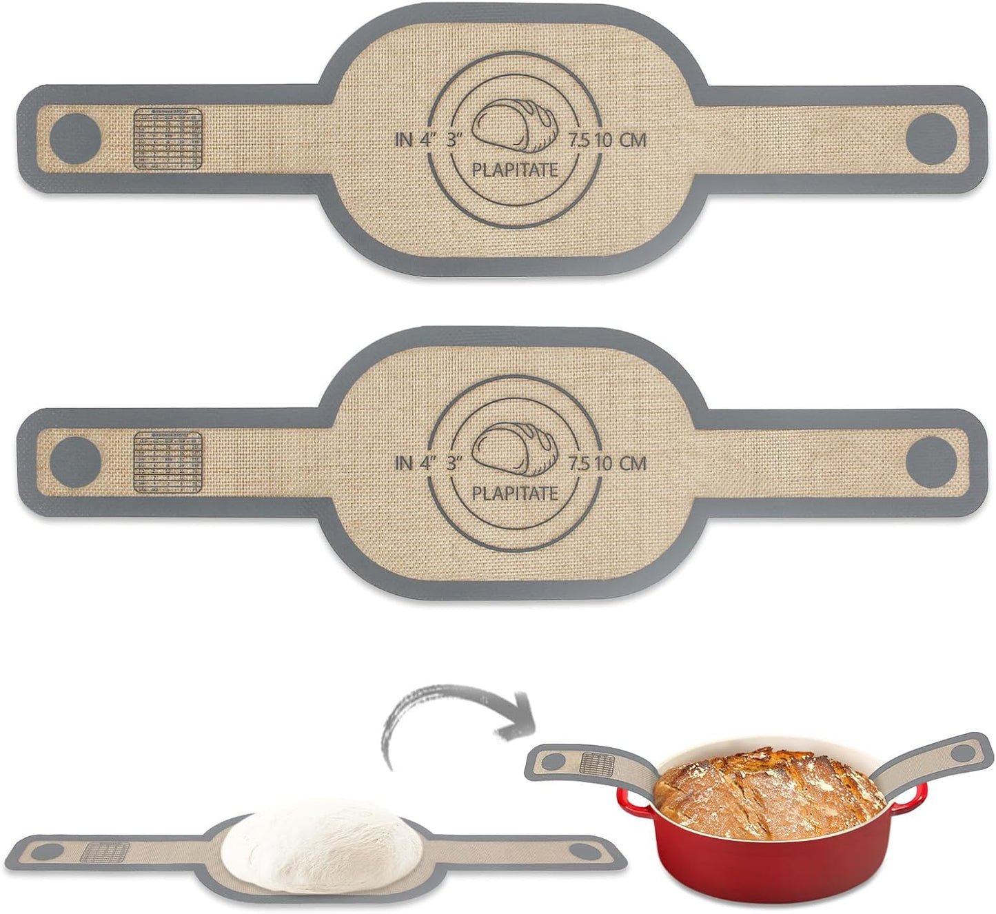Silicone Bread Sling Dutch Oven Liner, Non-Stick & Easy Clean Reusable Oval Silicone Baking Mat with Long Handles, Easy to Transfer Sourdough - 2 Gray Set