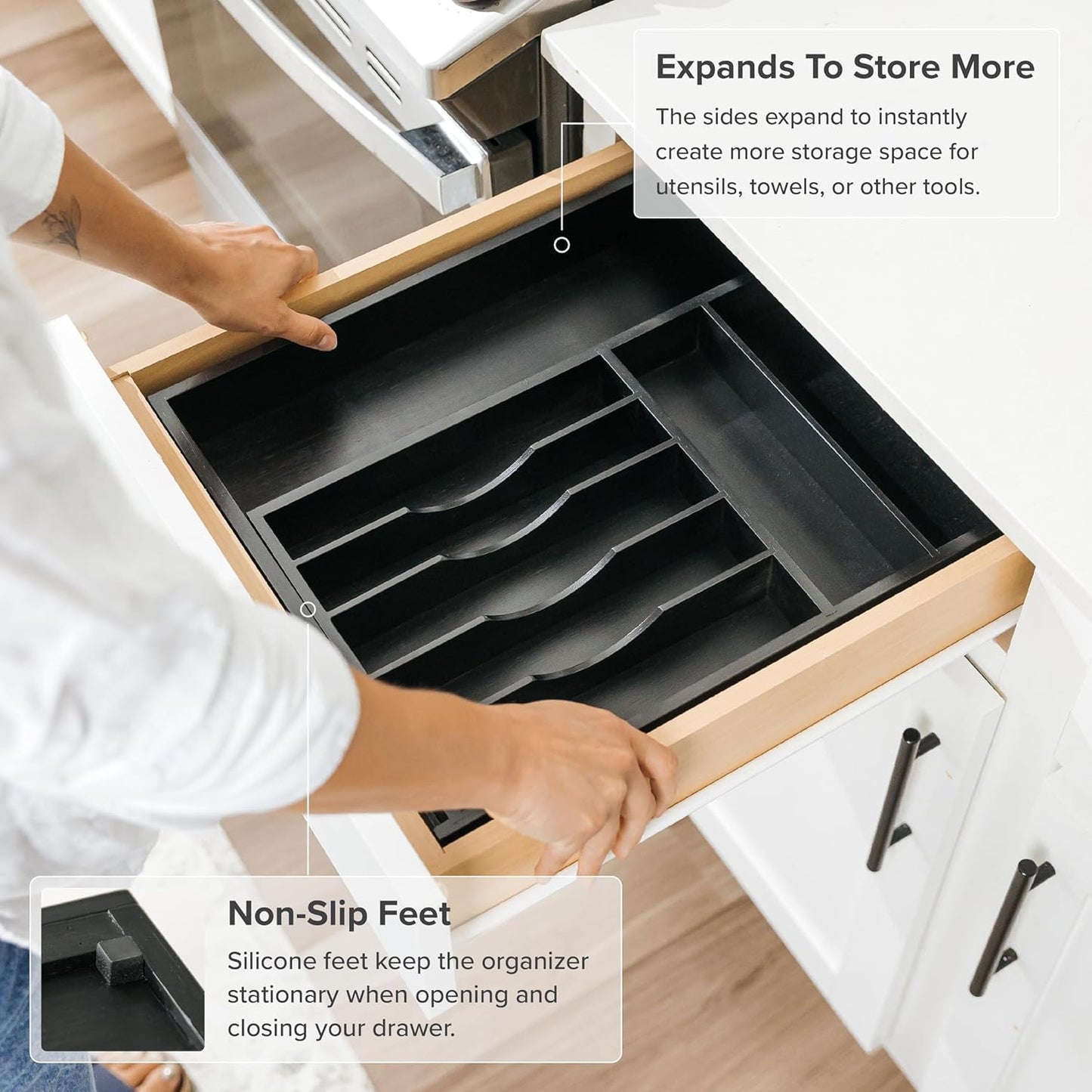 Premium Silverware, Flatware and Utensil Organizer for Kitchen Drawers, Food-Safe Contract Grade, Expandable from 10.5 to 19 In, Black Bamboo