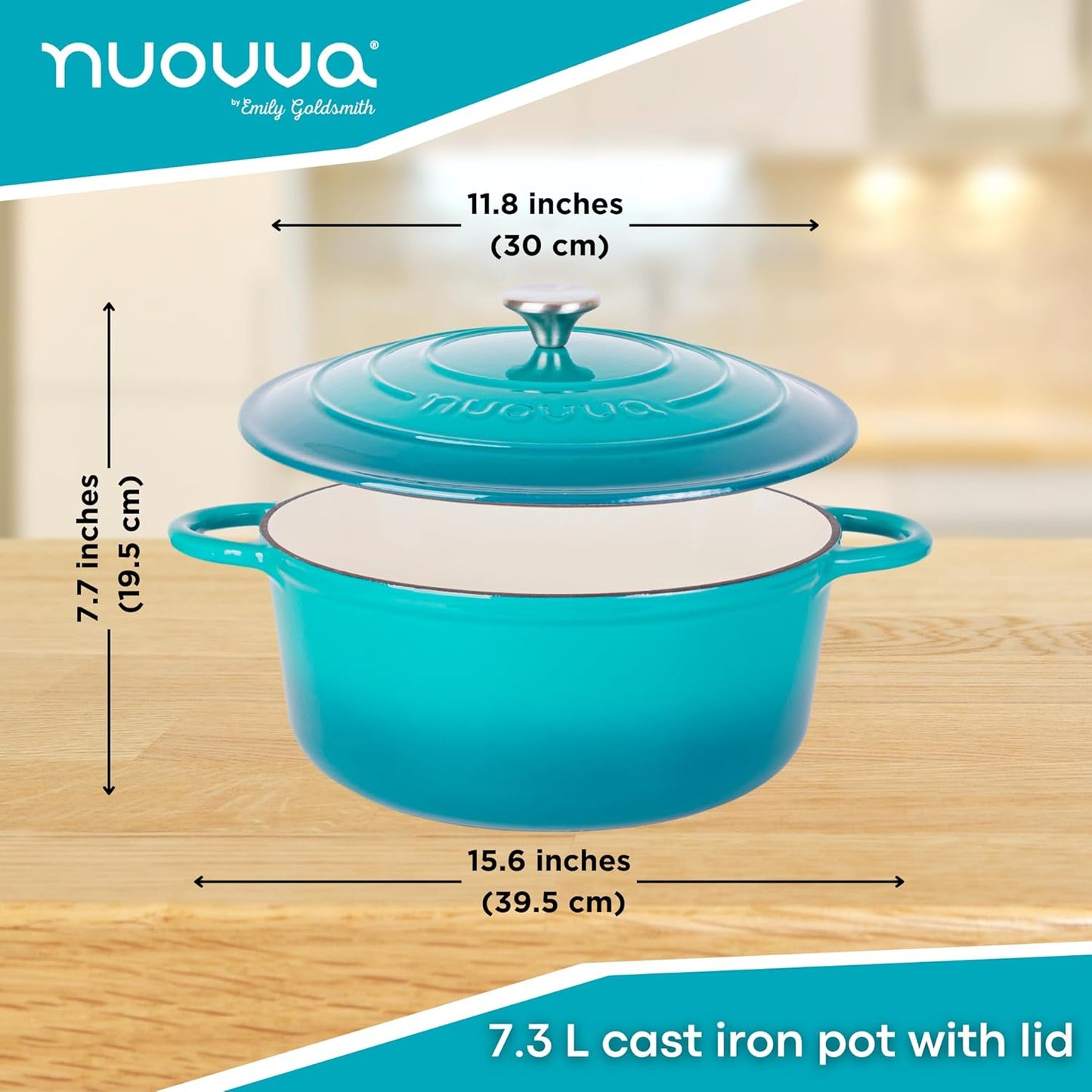 Cast Iron Dutch Oven with Lid – Non-Stick Ovenproof Enamelled Casserole Pot – Sturdy Dutch Oven Cookware – Teal, 7.3-Quart, 30cm – by Nuovva