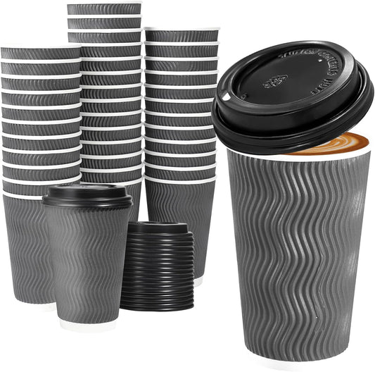 Lamosi 50 Pack - 16 oz Insulated Disposable Coffee Cups with Lids, To Go Paper Coffee Cups with Lids, Corrugated Ripple Wall Cup for Hot Drink, Office, Coffee Bar
