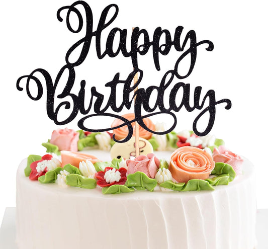 Happy Birthday Cake Toppers 9 Inch Glitter Happy Birthday Cake Pick for Birthday Anniversary Theme Party Cake Decorations Supplies - Black