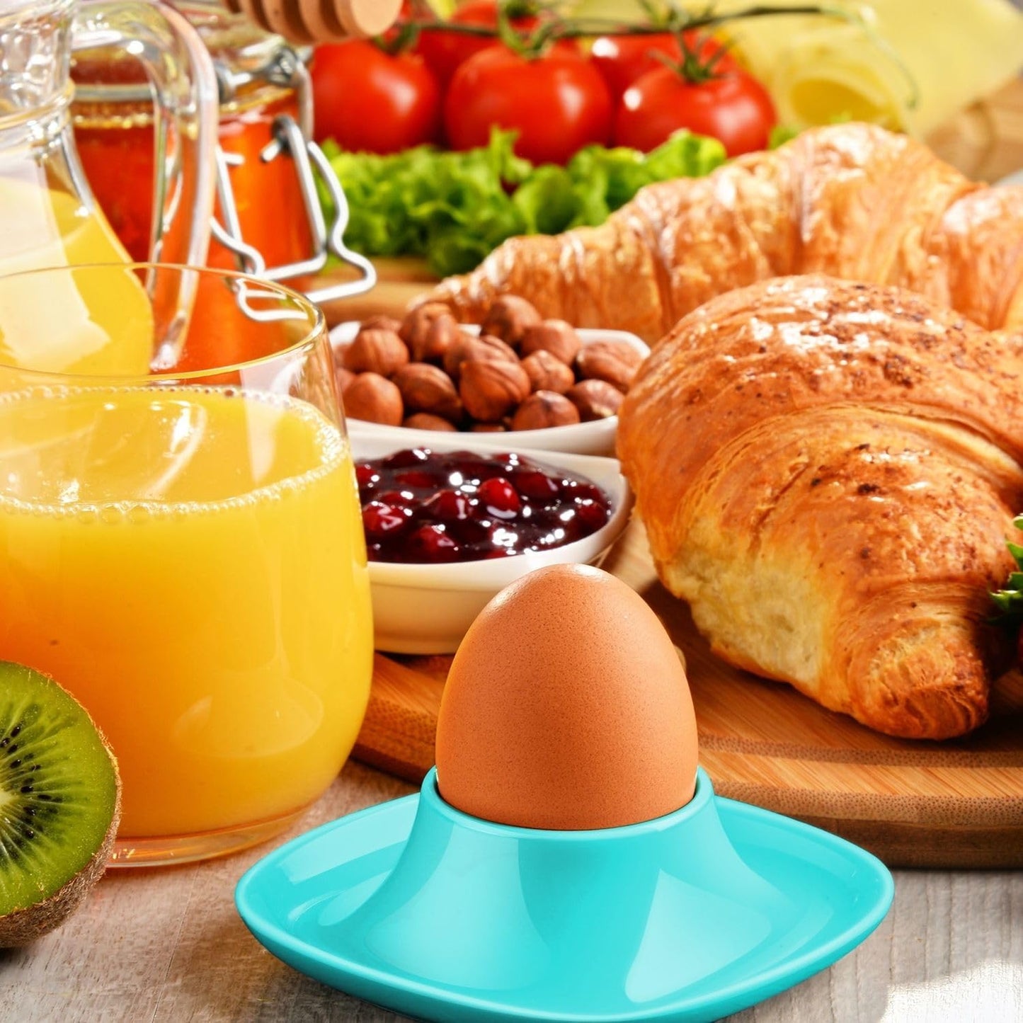 Flexzion Egg Cups for Soft Boiled Eggs - Set of 6 Ceramic Egg Holder - Stackable Egg Coddler Cups with Base for Serving, Breakfast, Brunch - Kitchen Table Decor, Blue