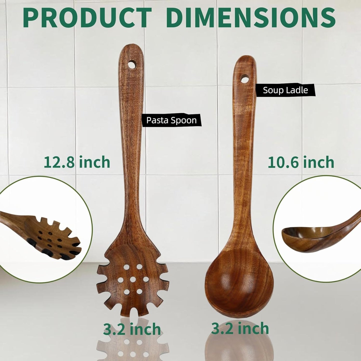 Wooden Spoons for Cooking, Teak Wooden Utensil Set, 2Pcs Kitchen Utensils, Large Cooking Spoons for Soup and Pasta Serving Mixing (Ladle & Pasta Scoop Strainer)