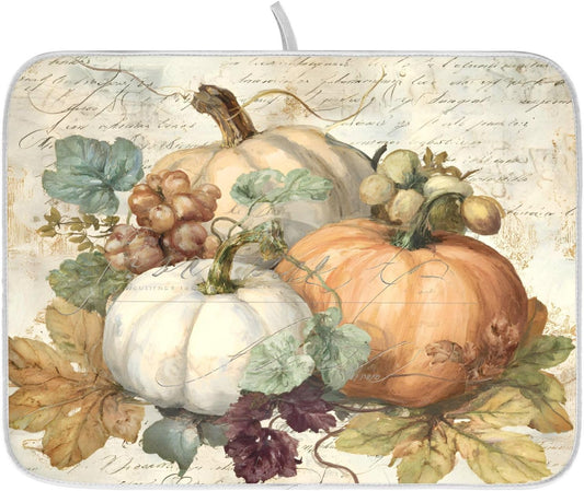 Autumn Pumpkin Fall Leaves Thanksgiving Dish Drying Mat for Kitchen Counter Absorbent Microfiber Large Drying Pad Dish mats for Kitchen Countertops 18 x 24 Inch