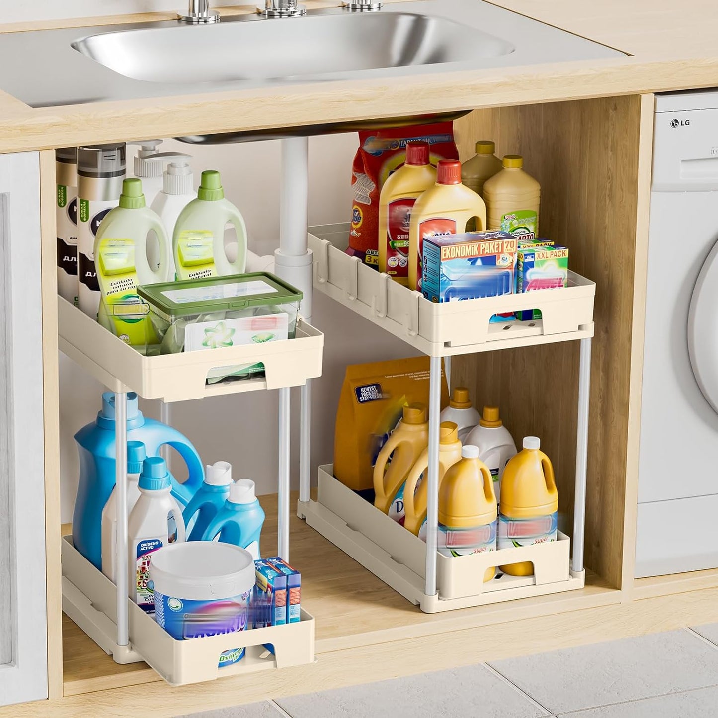 Delamu Under Sink Organizers and Storage, 2 Pack Pull Out Kitchen Bathroom Cabinet Organizer, 2 Tier Beige Under Sink Storage for Bathroom Kitchen