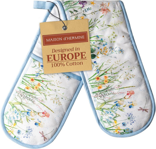 Maison d' Hermine Double Oven Mitts 100% Cotton 7"x35" Double Oven Mitt Heat Resistant BBQ Cooking Gloves with Loop, Baking, Grilling, Home, Kitchen, Handling Hot Pans Spring Summer (Fleurs De Mai)