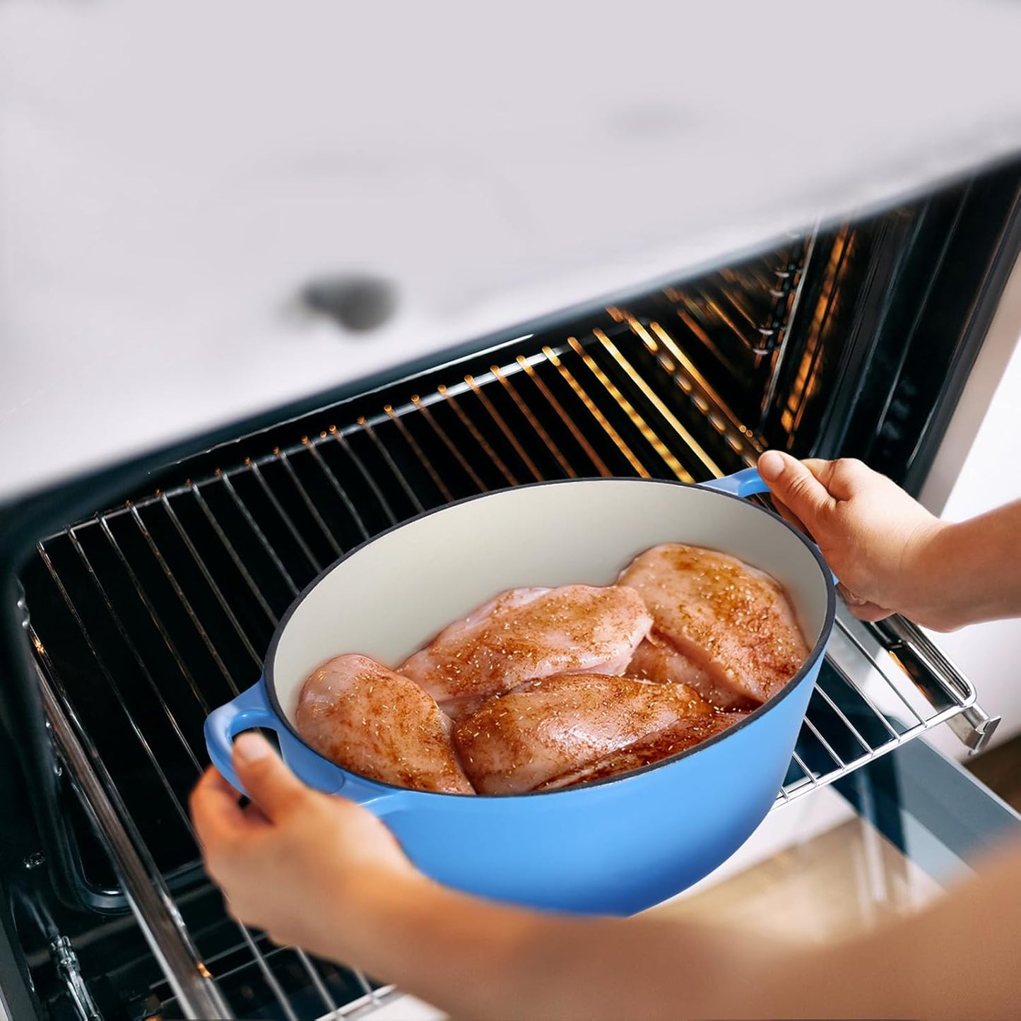5QT Oval Dutch Oven Pot with Lid, Leonyo 5 Quart Enameled Oval Cast Iron Dutch Oven for Sourdough Bread Breaking, Heavy Duty Cookware for Braising, Stews, Roasting, Blue