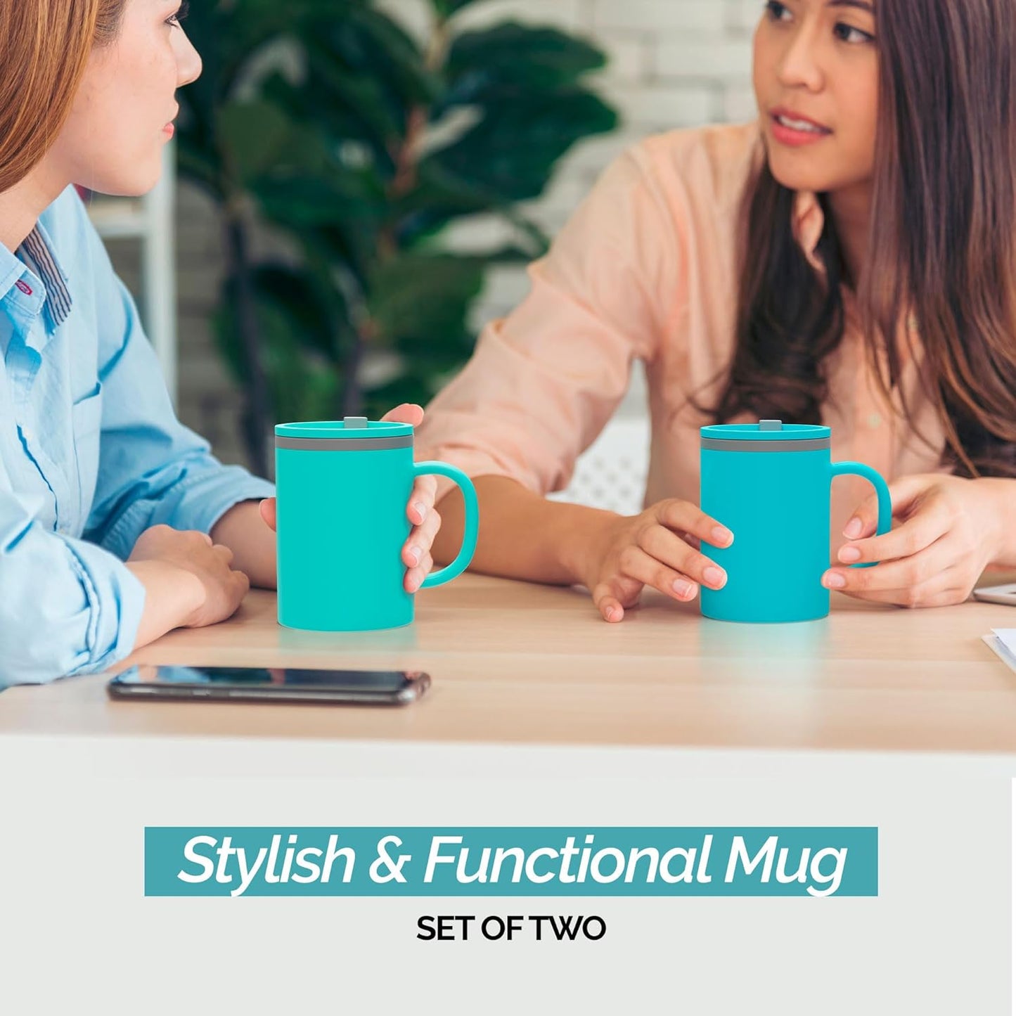 Copco Iconic 16oz Double Wall Insulated Desk Mug with Lid and Handle, Set of 2, BPA-Free Reusable Plastic, Spill-Proof, Microwave & Dishwasher Safe, Wide Mouth, Cup Holder Friendly (Aqua/Mint)