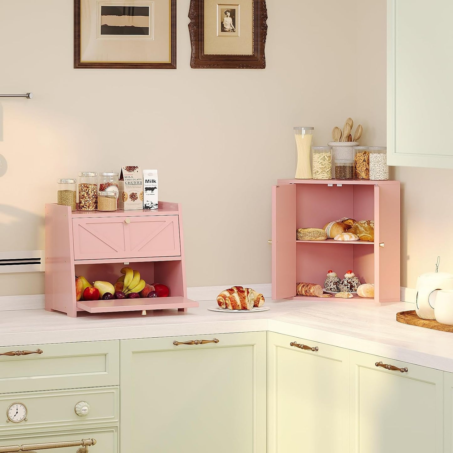 Vintage Double Layer Bread Box for Kitchen Counter Bamboo Bread Storage Container Large Capacity Bread Storage Bin (Pink)