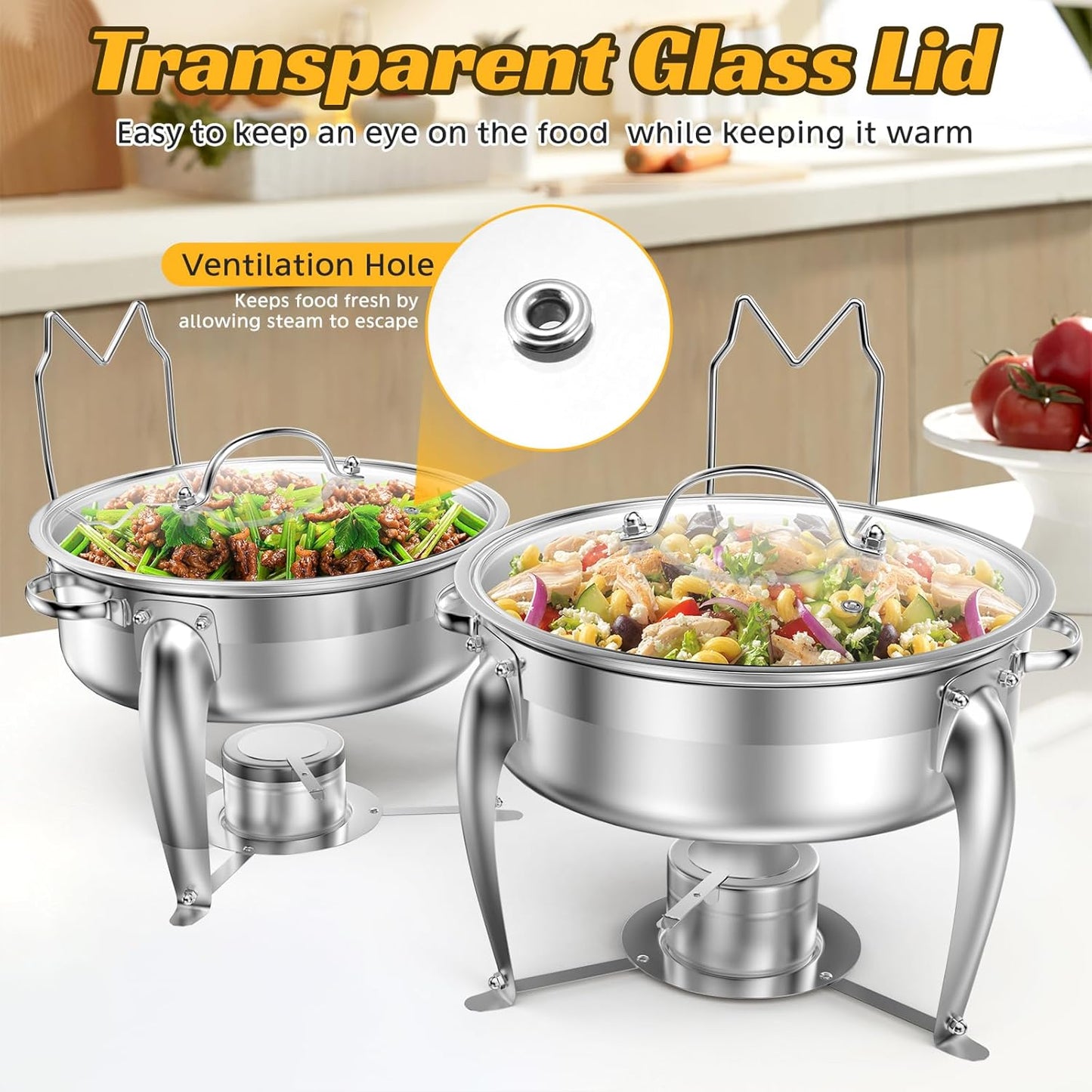 6 QT Chafing Dish Buffet Set with Serving Spoons, 2 Packs Stainless Steel Round Chafing Dishes with Glass Lid & Lid Holder, Food Warmers for Parties Buffet Weddings Catering Events
