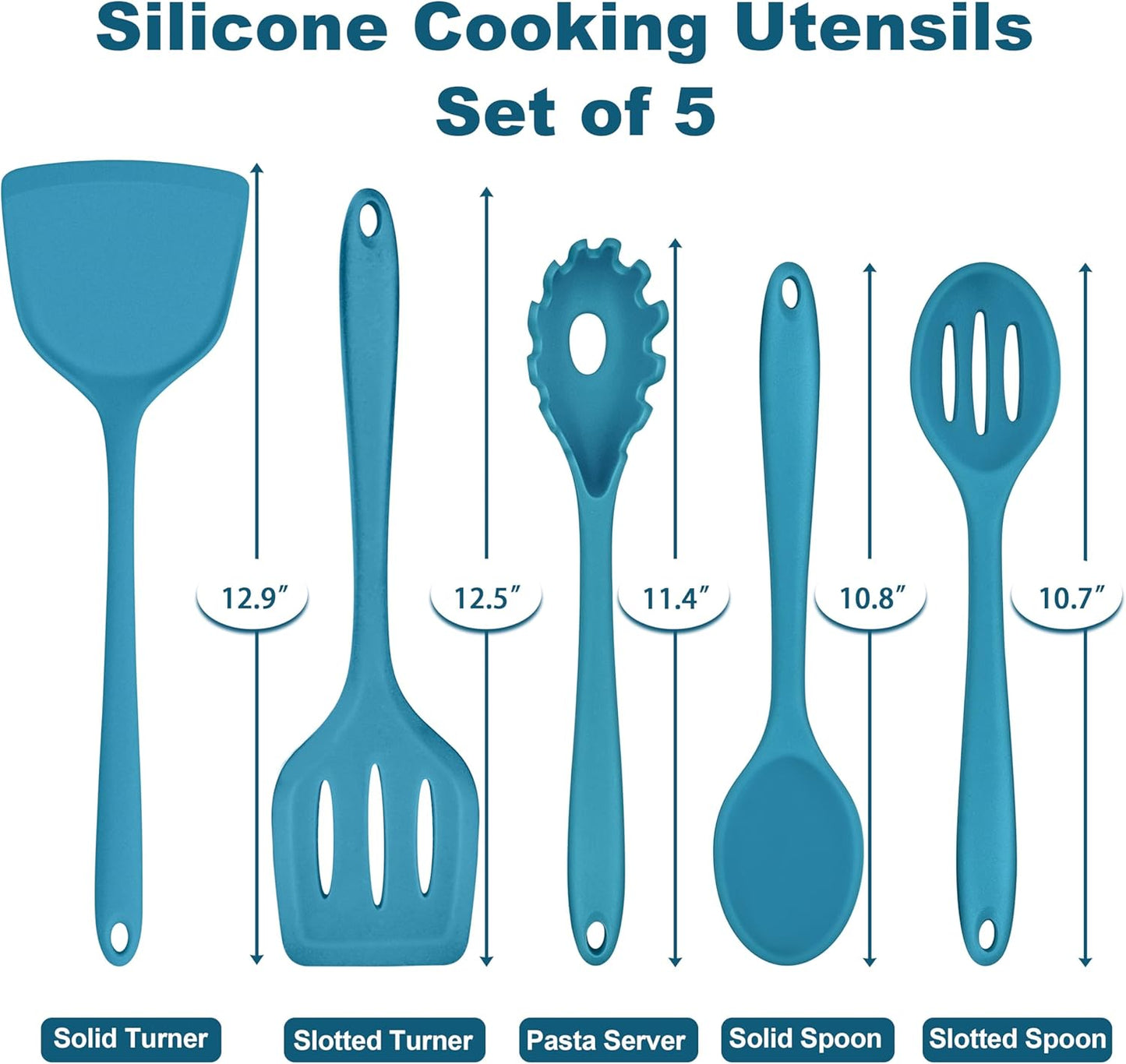 TeamFar Cooking Utensils Set, Silicone Kitchen Utensils of 5, Cooking Spoons Turners Pasta Server for Nonstick Cookware, Healthy & Heat-Resistant, Seamless & Non-Scratch, Dishwasher Safe, Dark Blue