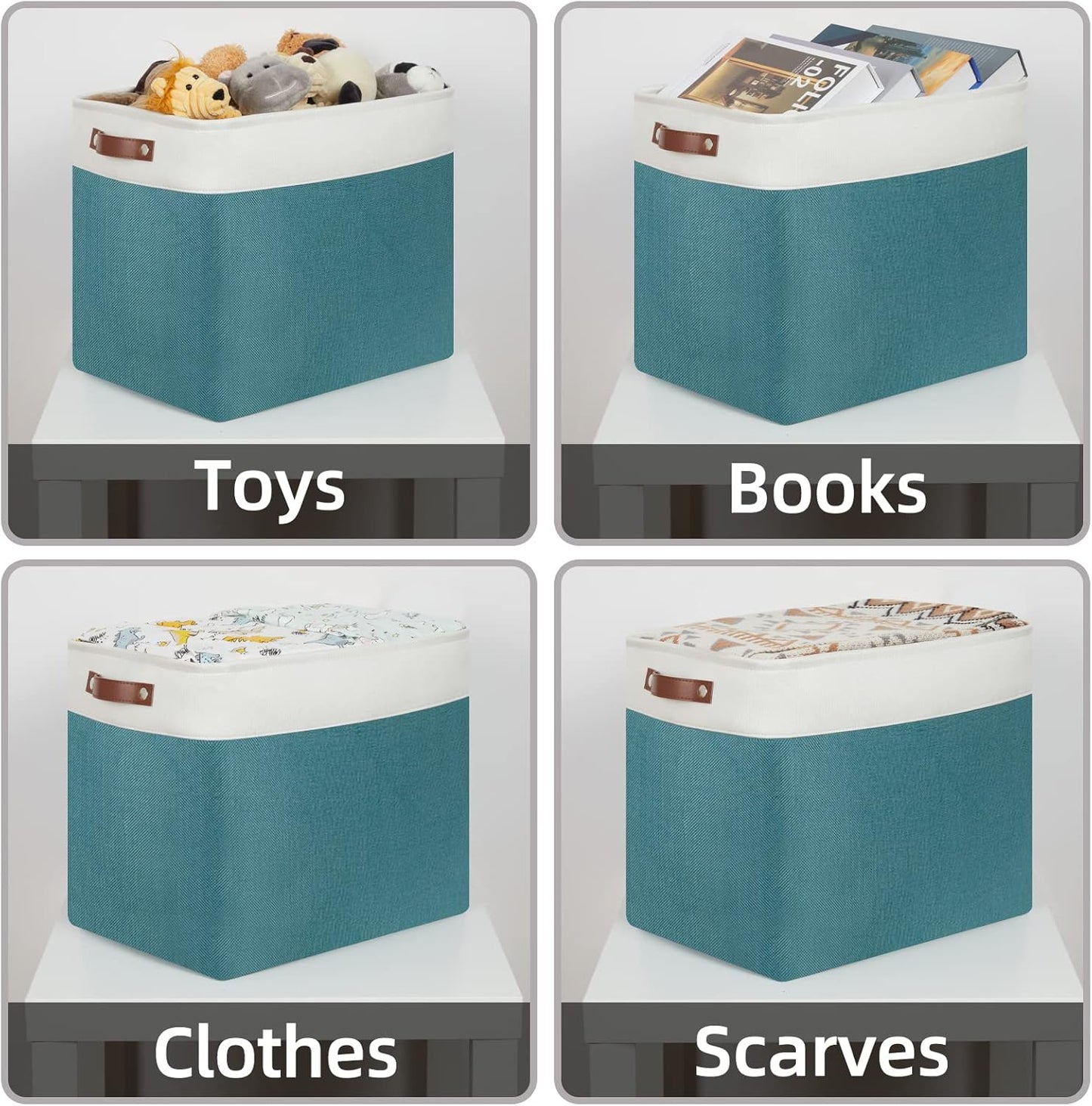 HNZIGE Large Canvas Organizer Baskets for Organizing, Rectangular Shelf Baskets with Handles, Collapsible Linen Storage Basket for Storage Shelves Closet, Home(White Teal), 17" x 12" x 15"