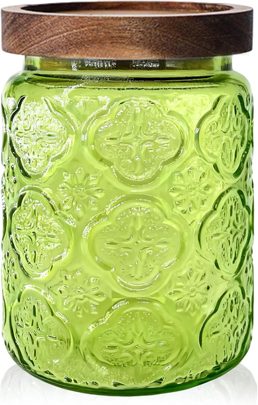 Glass Jar with Airtight Wood Lid – 24 OZ Kitchen and Pantry Canister, Decorative Vintage Storage Container for Candy, Coffee, Cookie, Cereal, Flour, Sugar, Tea, Apothecary, Green Begonia