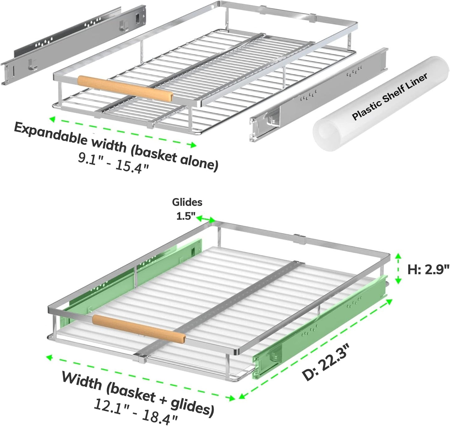 Expandable Pull Out Drawer Cabinet Organizers, Heavy Duty Slide Out Storage Shelf for Home Kitchen Pantry Cupboard Pots Pans, Adjustable Width from 12.1"~18.4", Stainless Steel 2 Pack