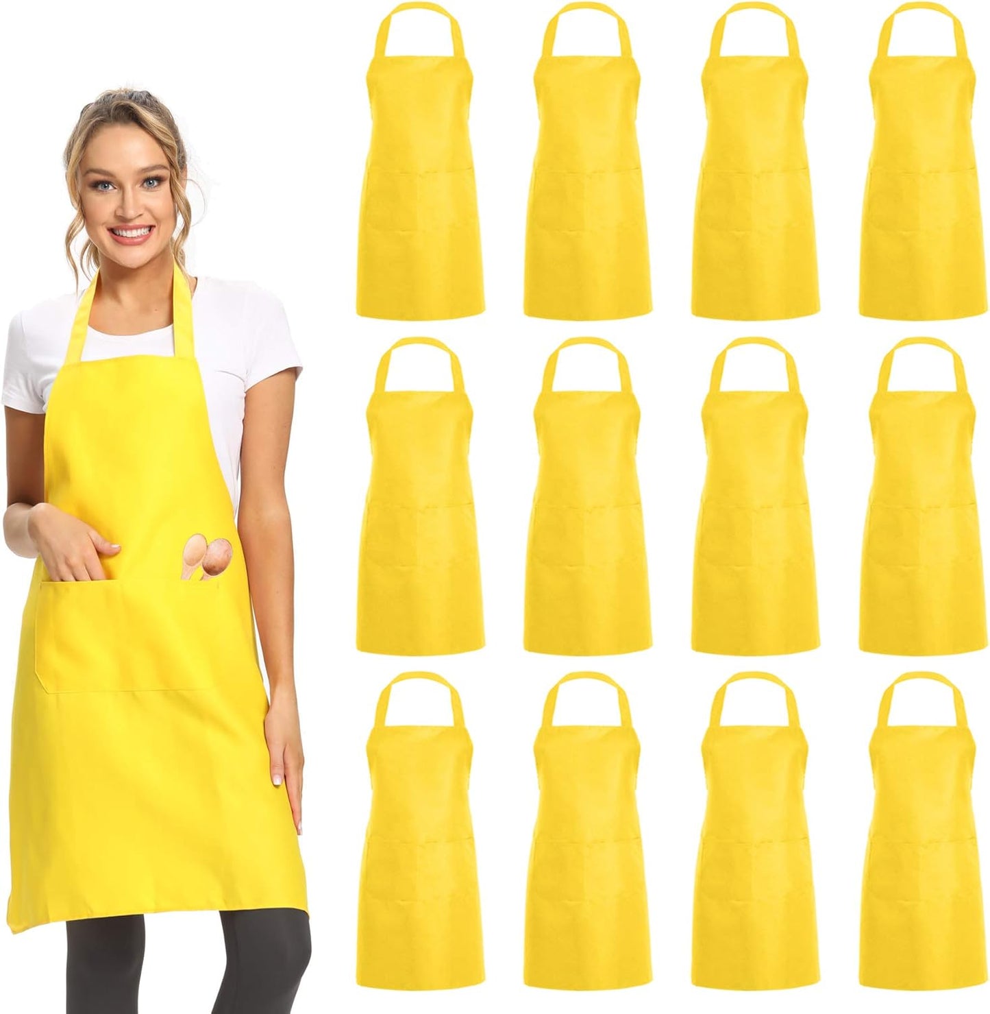 DUSKCOVE 12 Pack Plain Bib Aprons with 2 Pockets - Yellow Unisex Commercial Apron Bulk for Kitchen Cooking Restaurant BBQ Painting Crafting