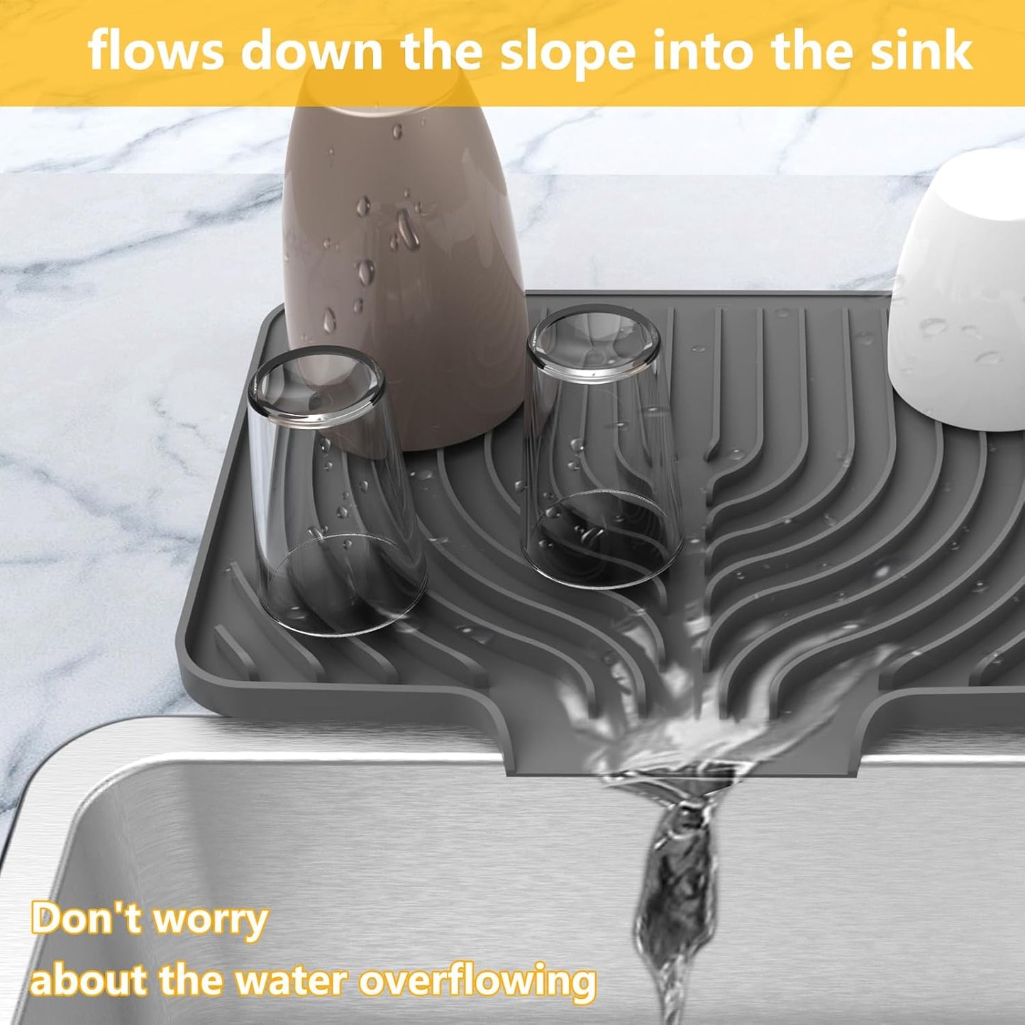 Dish Drying Mat ,14.6"×11" Silicone Drying Mat for Kitchen Counter with Board Drain,Rubber Kitchen Counter Dry Matt for Dishes Drying Rack(gray)