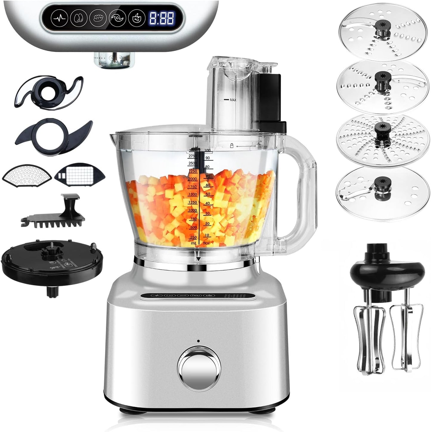 Homtone 16 Cup Food Processor Large, Aluminum-Diecast 11-In-1Food Processor with Whisk, 5 Preset Modes& Stepless Speed Control, 8 Blades for Shred, Slice, Chop, Knead, Dice, Fries Cut, 650W, Sliver