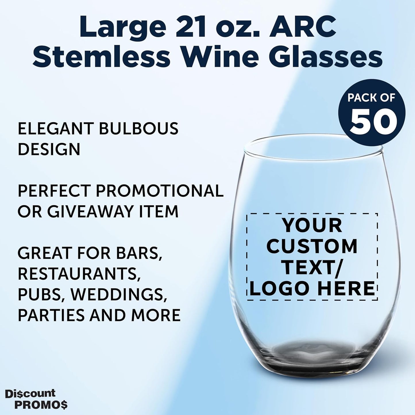 DISCOUNT PROMOS 50 ARC Stemless Wine Glasses Set, 21 oz. - Customizable Text, Logo - Chardonnay, Cabernet, Merlot, Sauvignon - Black