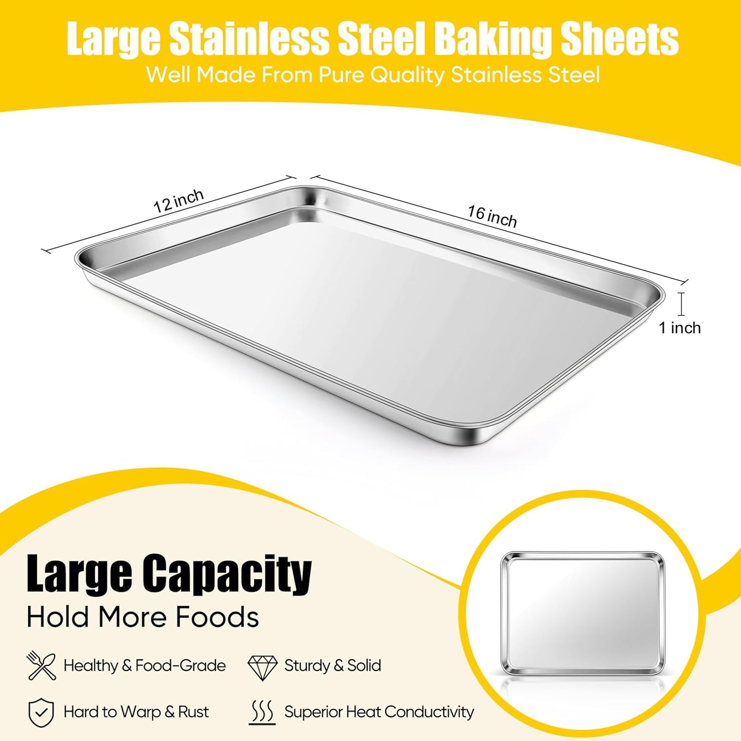 Homikit 2 Pack Baking Sheet, 16x12 Inches Stainless Steel Cookie Sheets for Baking, Large Toaster Oven Tray for Roasting Cooking, Metal Jelly Roll Pan Non Stick &Rustproof, Dishwasher Safe