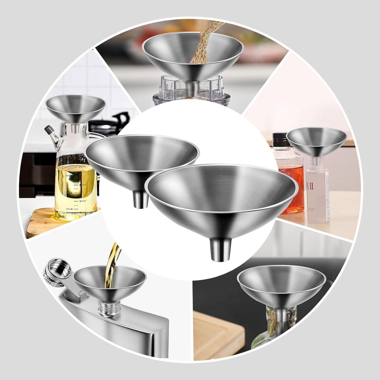 2 Piece Small Stainless Steel Filling Mini Funnel, Flask Funnel, Large for Kitchen, Small for Flask, Essential Oil Delivery