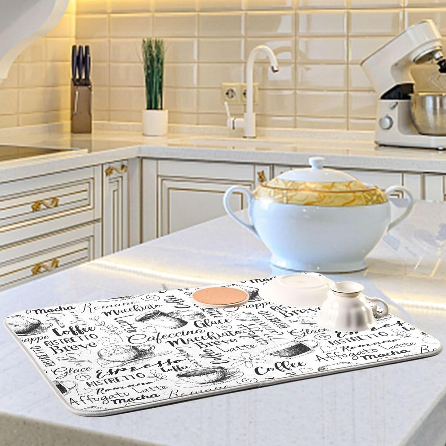 Coffee Cups Print Dish Drying Mat for Kitchen Counter Absorbent Microfiber Drying Pad, Large 18x24 in, Reversible Drainer Mats