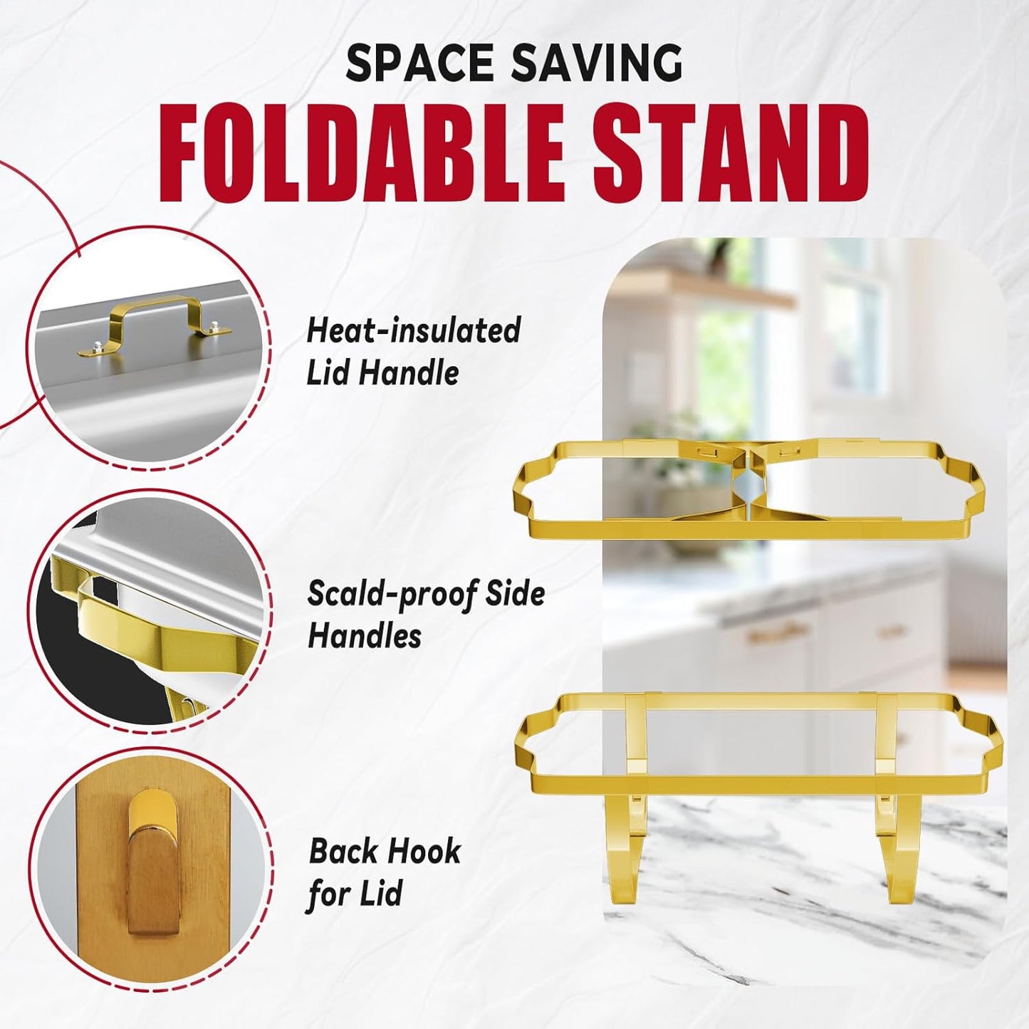 4 Pack Chafing Dish Buffet Set, 8QT Stainless Steel Rectangular Gold Frame Chafers and Buffet Warmer Sets 7 Pans Rolled-Edge Design for Catering Event Party Holiday