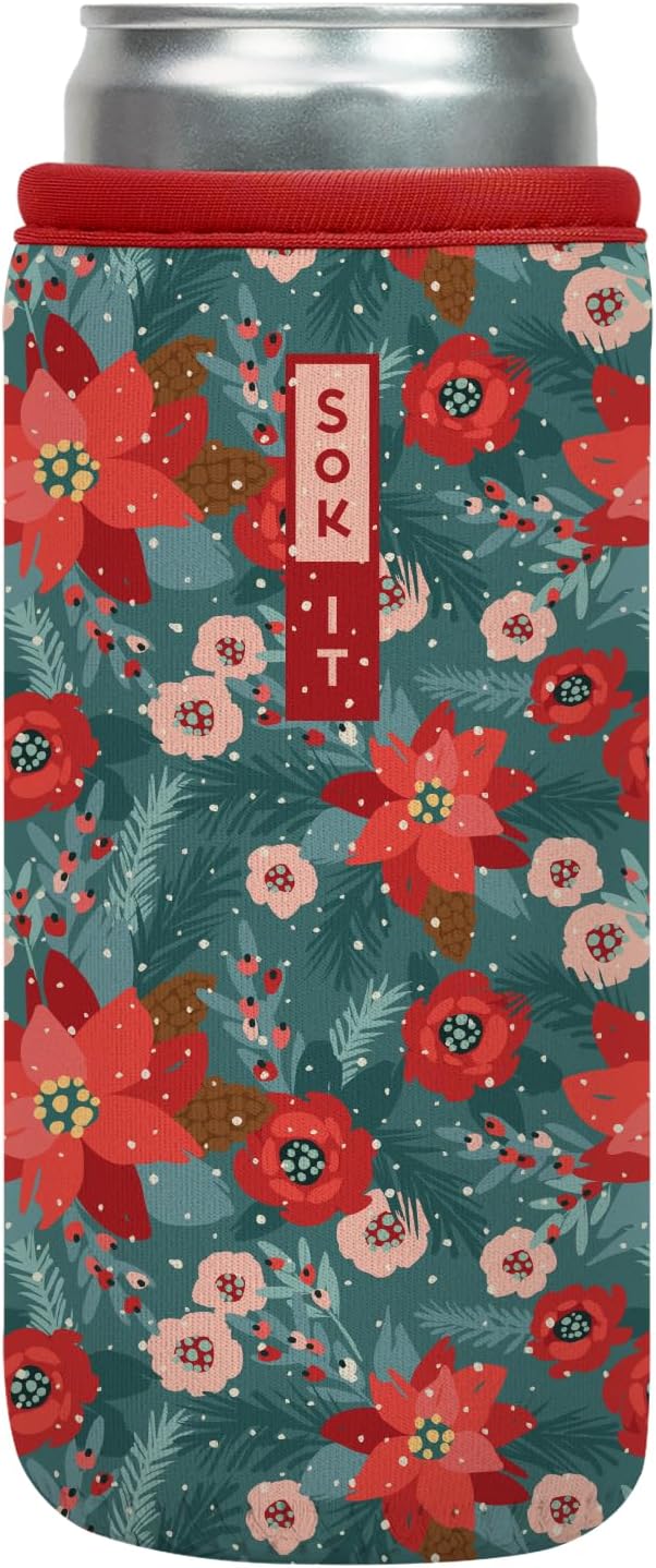 Sok It CanSok Sleeve for Beer & Soda Insulated Neoprene Cover (Pastel Poinsettias, 12oz Slim Can Sleeve)