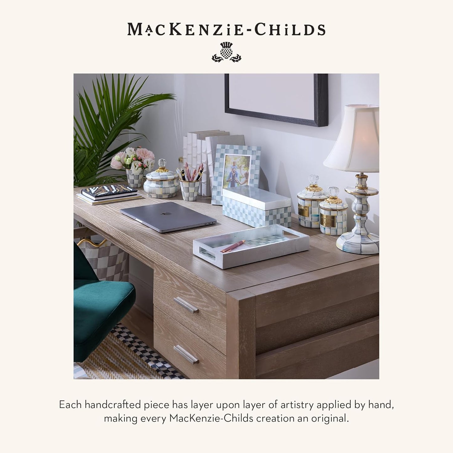 MACKENZIE-CHILDS Lacquer Vanity Tray with Handles, Rectangular Tray for Dresser and Home Decor, Gray-and-White Sterling Check
