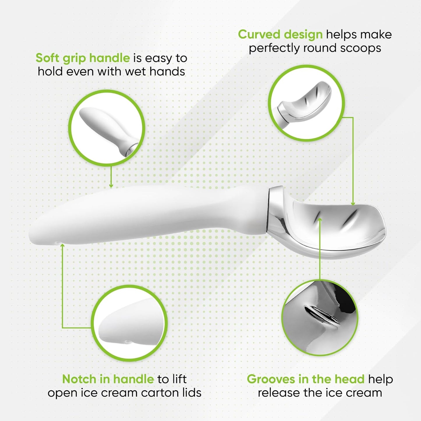 Spring Chef White Commercial Ice Cream Scoop with Comfortable Handle - Heavy Duty Metal Ice Cream Scooper for Frozen Yogurt, Gelato, Sorbet, Melon, Sundae - Dishwasher Safe Kitchen Tool