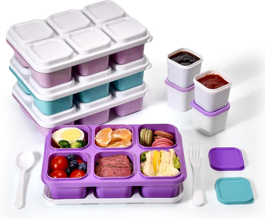 4-Pack Bento Box & Snack Containers for Kids & Adults | 6-Compartment with 4 Sauce Cups | BPA-Free, Dishwasher Safe | Ideal for School, Office, Picnic & Travel (38oz/1100ml)