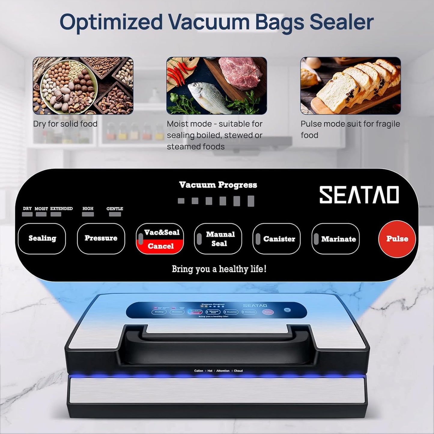 SEATAO VH5188 Automatic Vacuum Sealer Machine, 90kPa Multifunction Commercial Vacuum Food Sealer For Food Preservation, Dry & Moist & Food & Extended Modes, LED lights, Double Seal