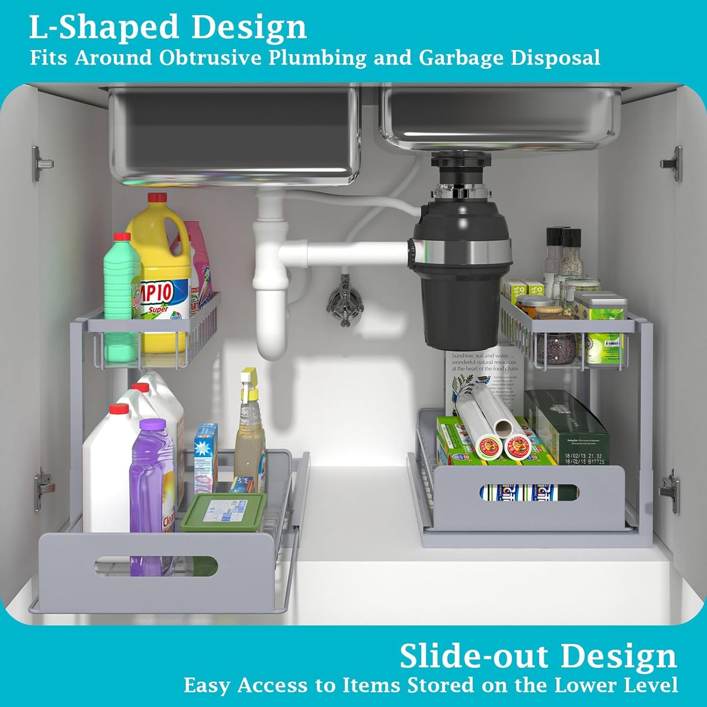 REALINN Under Sink Organizer, Pull Out Cabinet Organizer 2 Tier Slide Out Sink Shelf Cabinet Storage Shelves, Storage for Kitchen Bathroom, Grey, 1 Pack