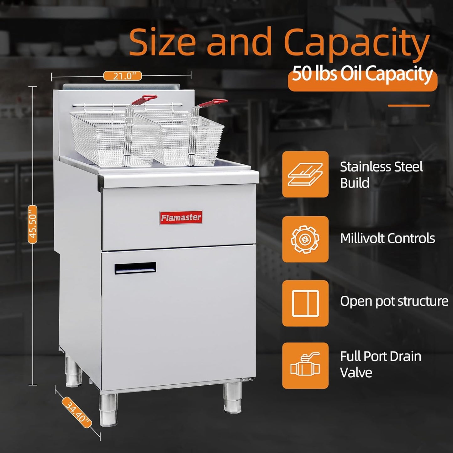 Commercial Open Pot Fryer with 2 Baskets, 122000 BTU 50-60 Lbs Oil Capacity Natural Gas Fryer, Only Commercial Use Stainless Steel Deep Fryer for Restaurants, Food Trucks-Floor Standing