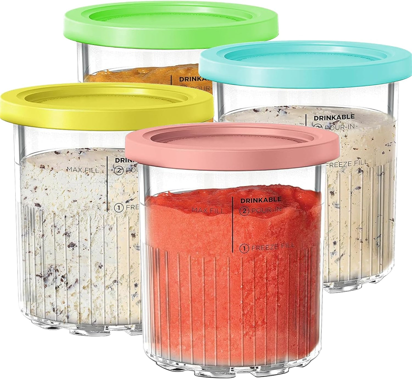 Pints for Ninja Creami Deluxe NC500 Series Creami Deluxe Ice Cream Makers, BPA-Free & Dishwasher Safe, Color Lids, 4 Pack, 24OZ Family Ice Cream Storage Containers Clear/Coral/Yellow/Green/Blue
