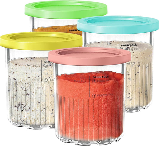 Pints for Ninja Creami Deluxe NC500 Series Creami Deluxe Ice Cream Makers, BPA-Free & Dishwasher Safe, Color Lids, 4 Pack, 24OZ Family Ice Cream Storage Containers Clear/Coral/Yellow/Green/Blue