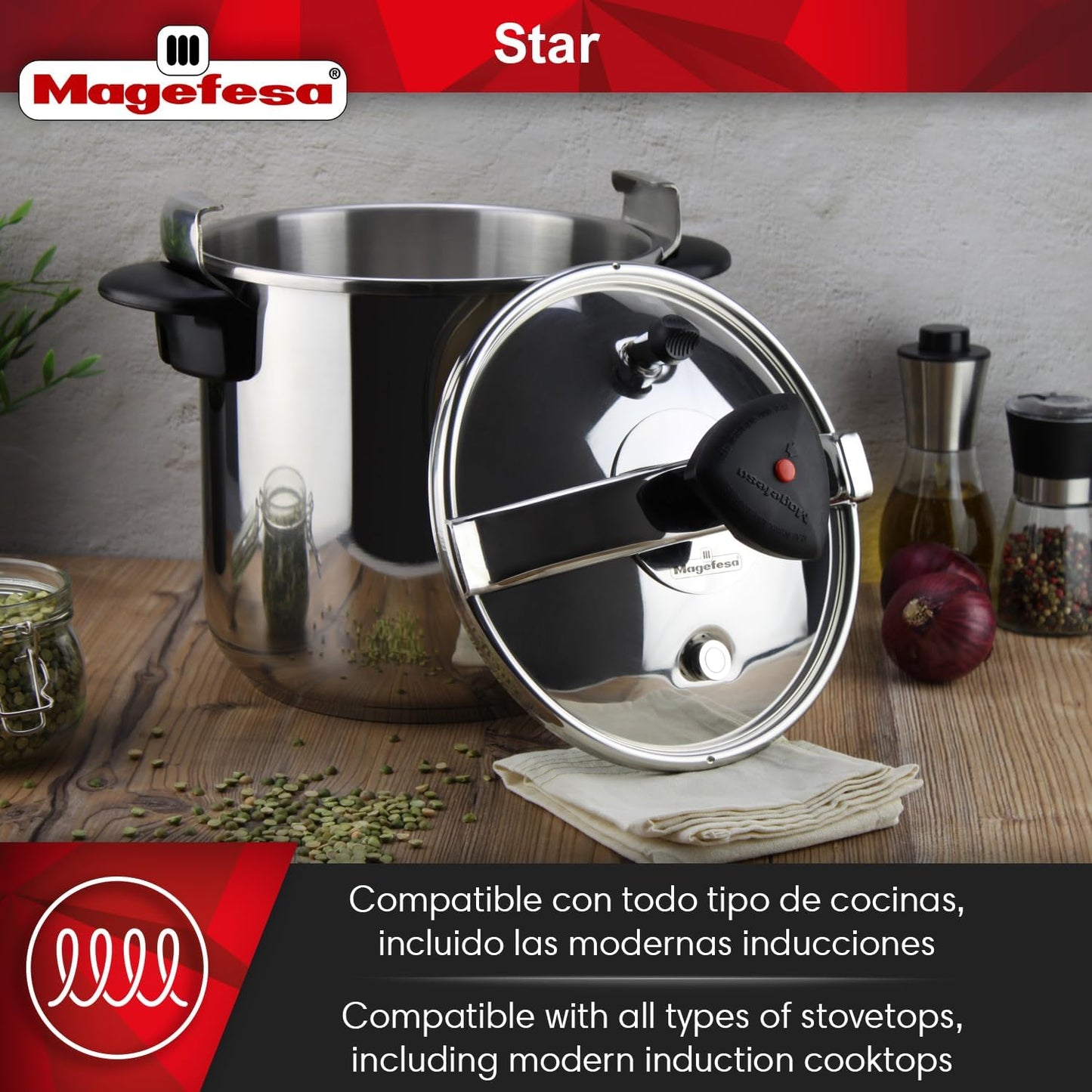 MAGEFESA Star Pressure Cooker, 6.3-Quart, 18/10 Stainless Steel, Works on All Stovetops (Induction Compatible), Safety Lock & 8 PSI Cooking