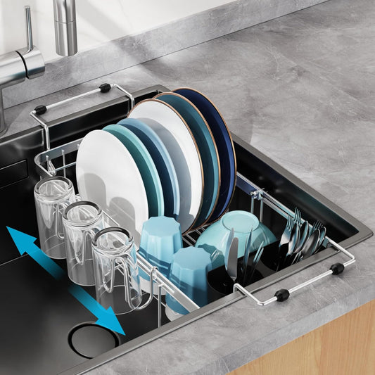 GSlife Expandable in Sink Small Dish Drying Rack - Stainless Steel Capacity Adjustable Over The Sink Dish Rack with Cup Holder and Utensil Holder, 12"~16.8" L x 10.4" W, Silver