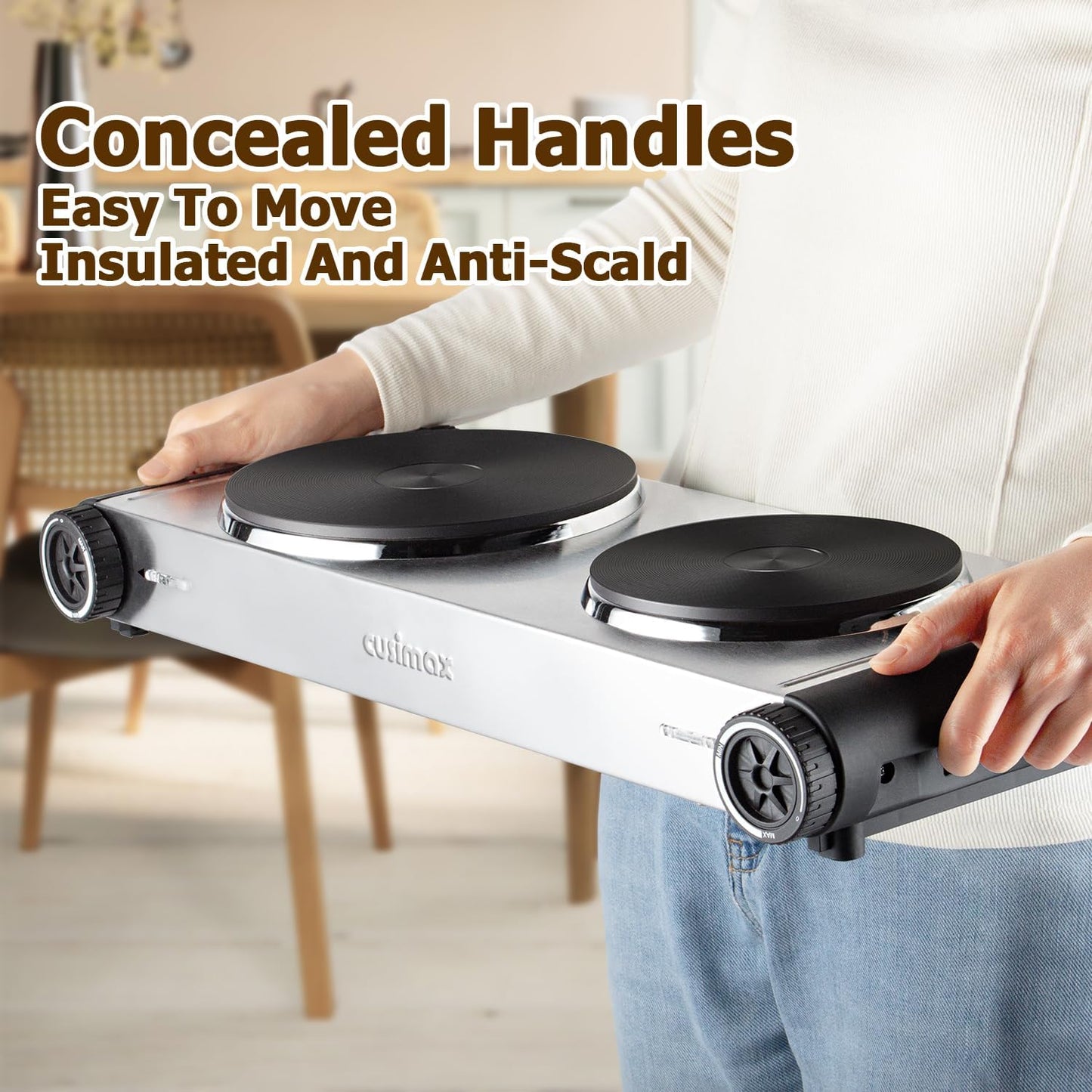 Cusimax Hot Plate,1800W Portable Electric Countertop Double Burner,Cast Iron Stove, Concealed Handle,Temperature Controls, Compatible for All Cookwares,Easy Clean, Upgraded Version(Sliver)